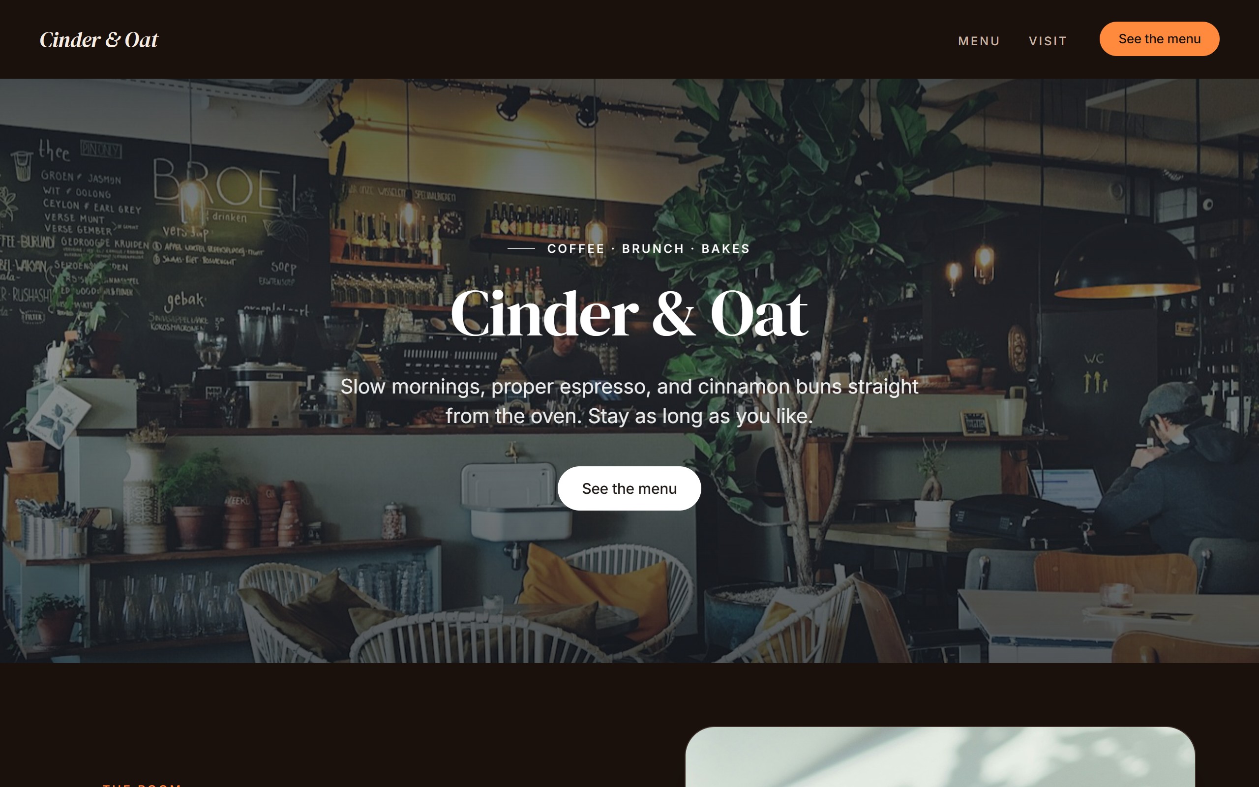 Real hero section from the Cinder & Oat demo café site