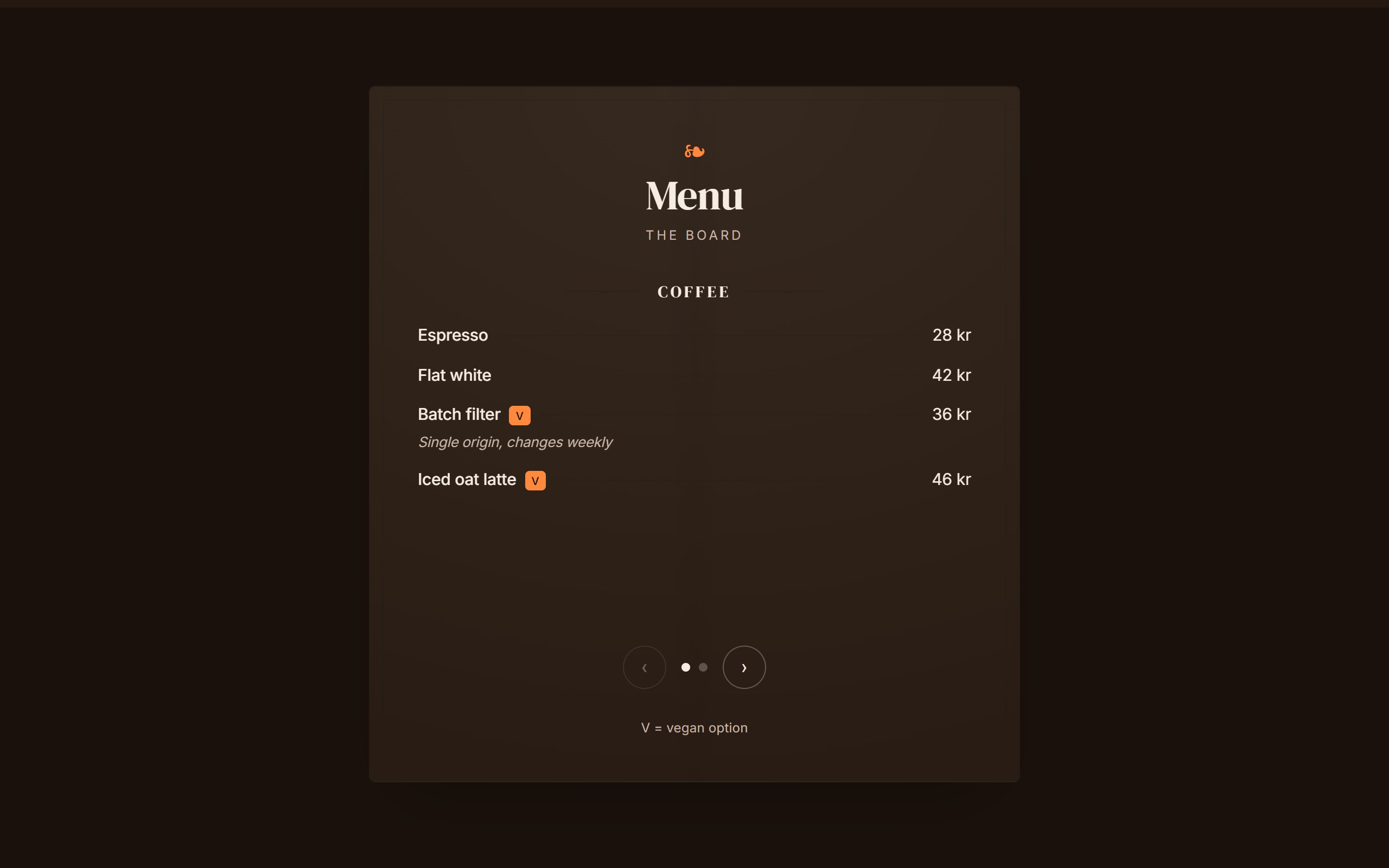 Real menu section with prices from the Cinder & Oat demo café site