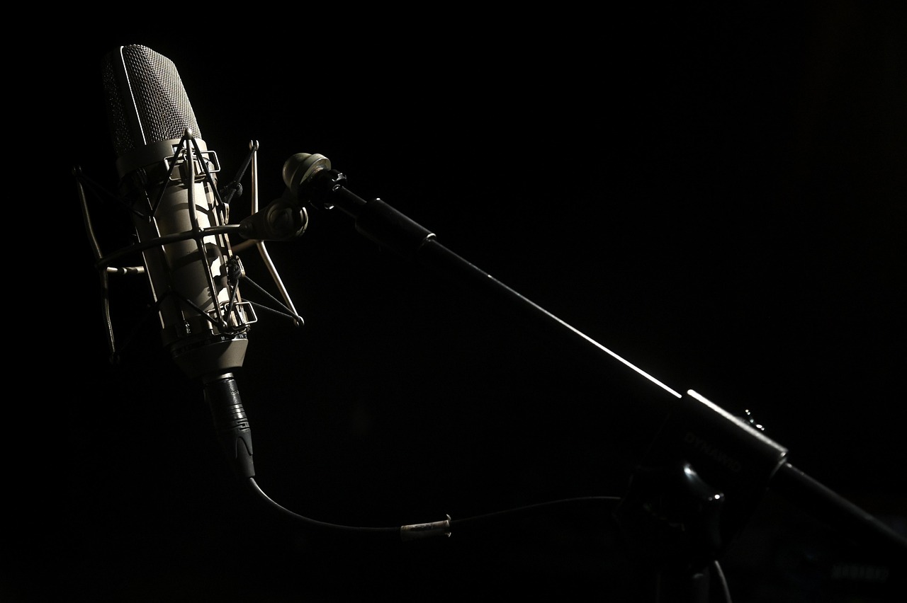 A microphone on a boom arm in darkness