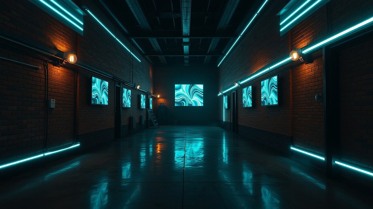 A wall of LED panels washing a dark room in moving colour