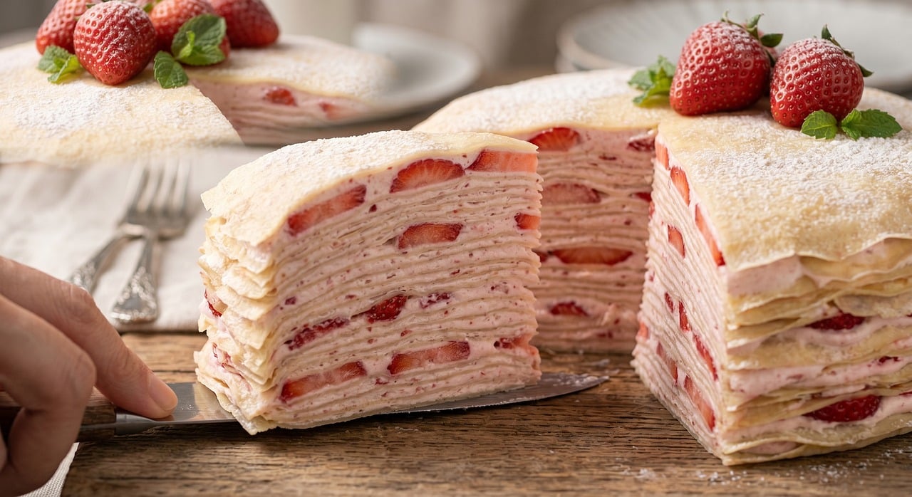 A strawberry mille crepe cake being served in thin pink layers