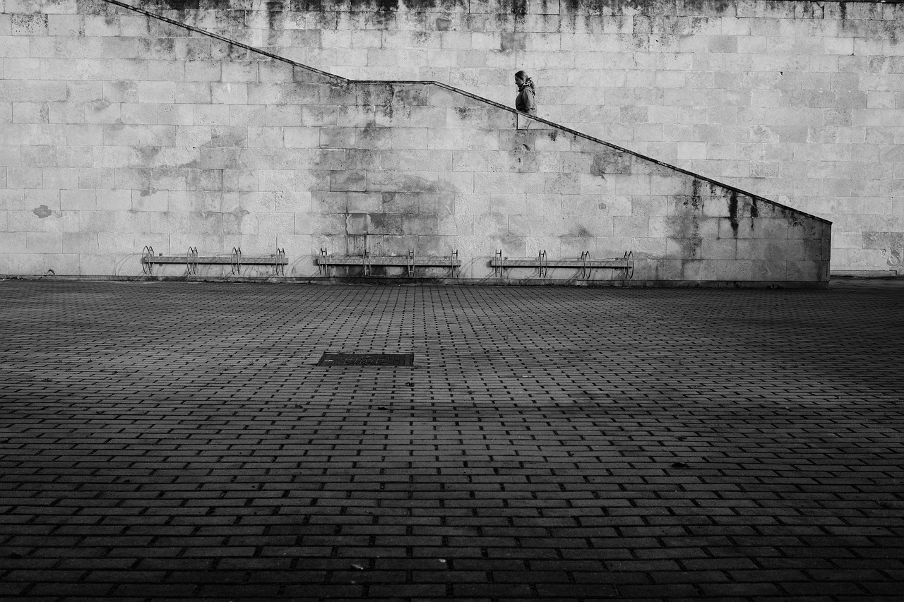 Brutalist stairs and paving in black and white
