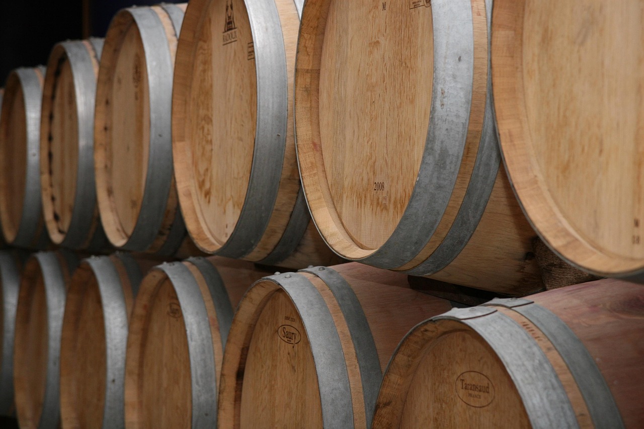 Oak barrels resting in rows
