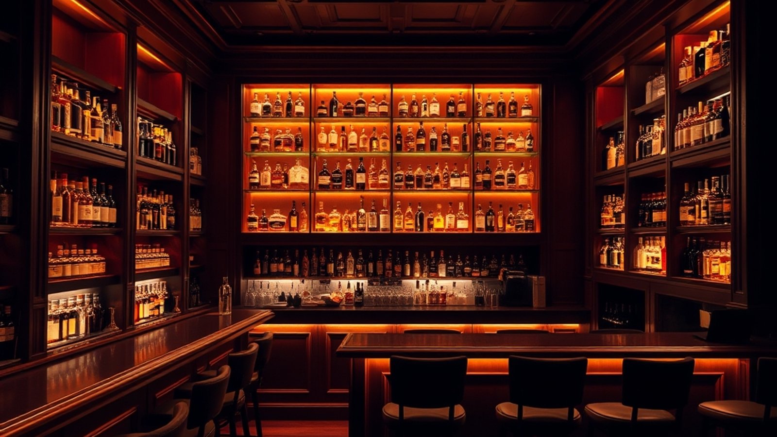 Backlit whisky shelves above a dark bar