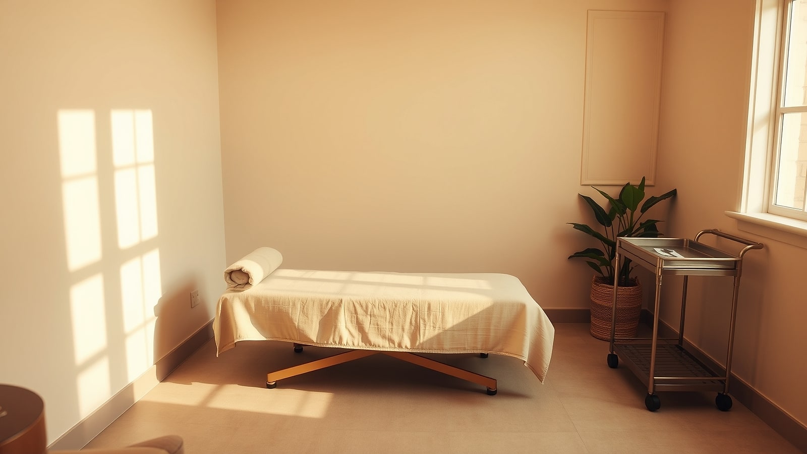 The treatment room — a low bed dressed in neutral linens, warm afternoon light, a brass cart of lash trays