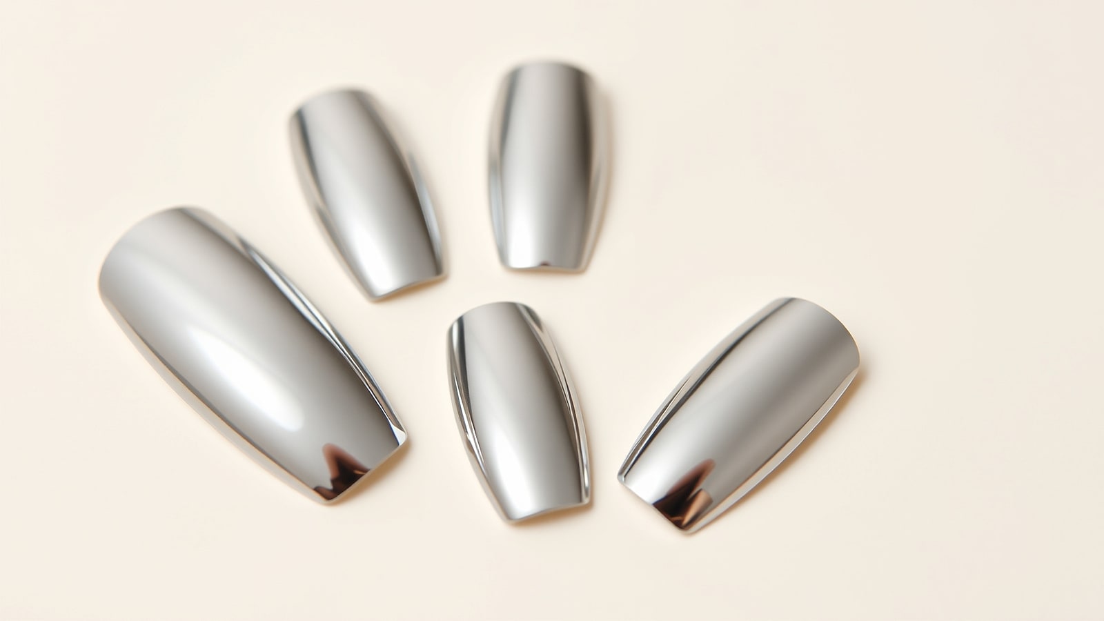 Macro of mirror-silver chrome nails on a squared almond shape