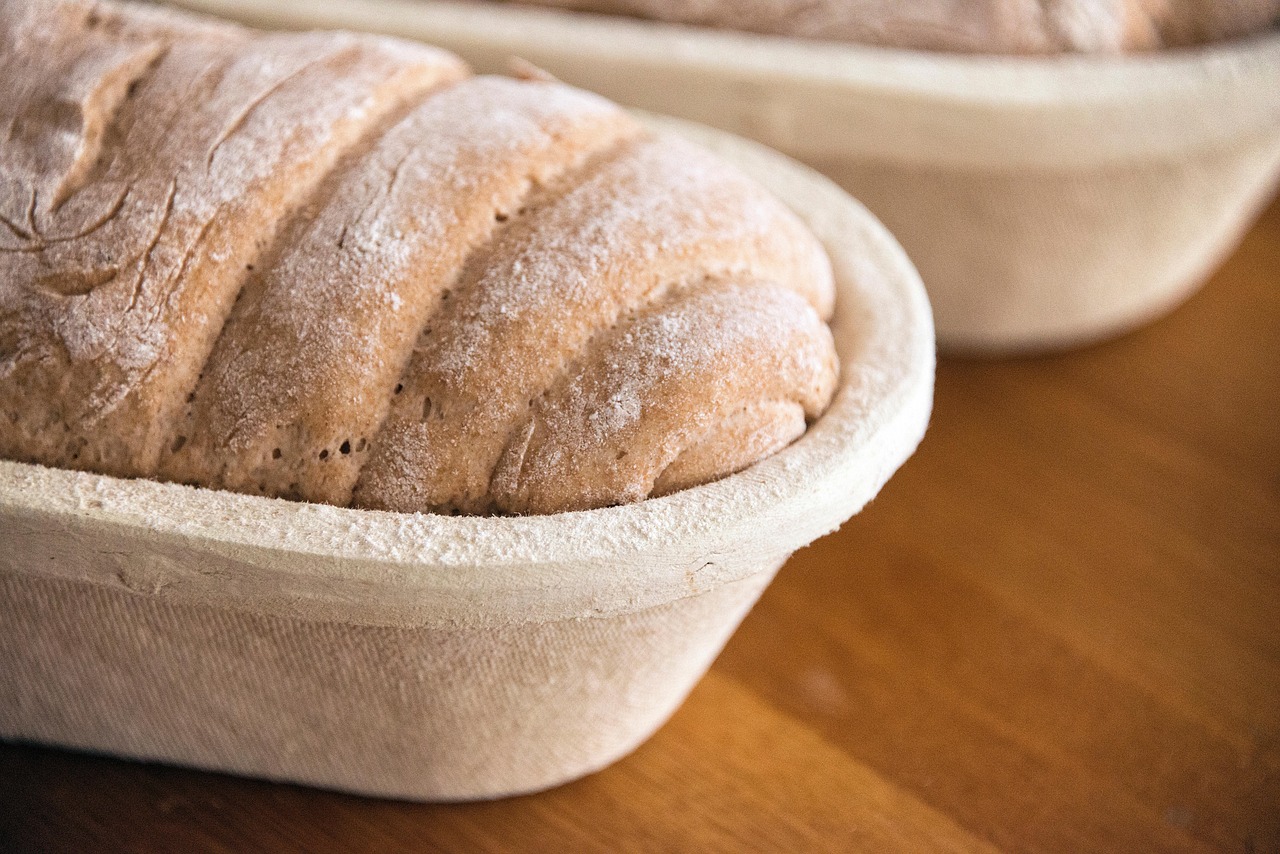 Two loaves proofing in flour-dusted baskets