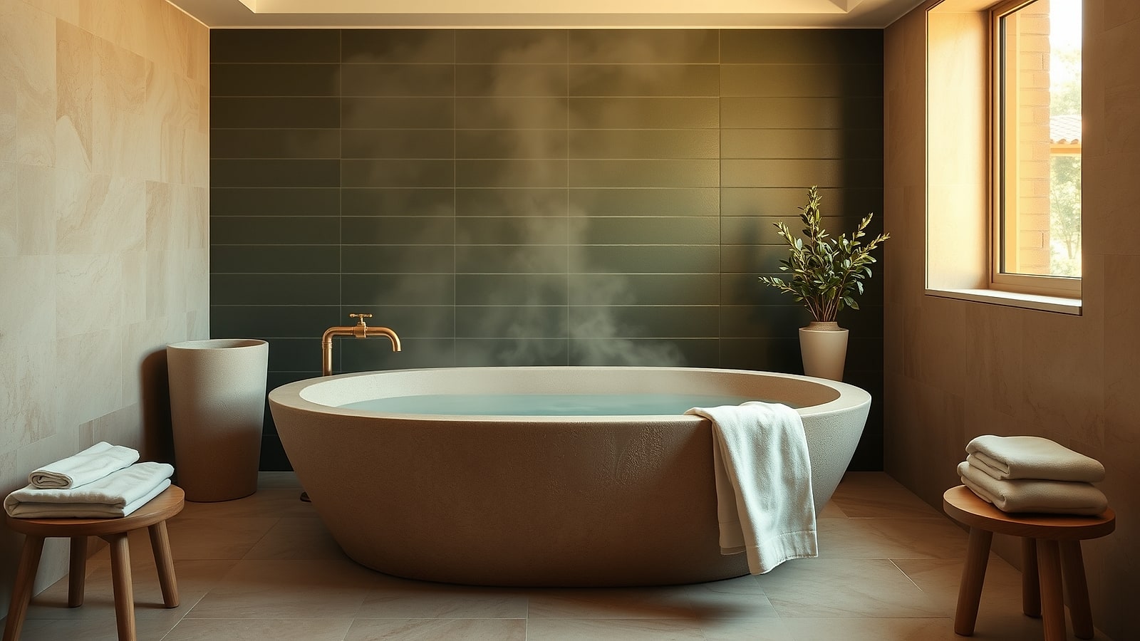 The hydrotherapy room — a stone soaking tub against a moss-green tiled wall