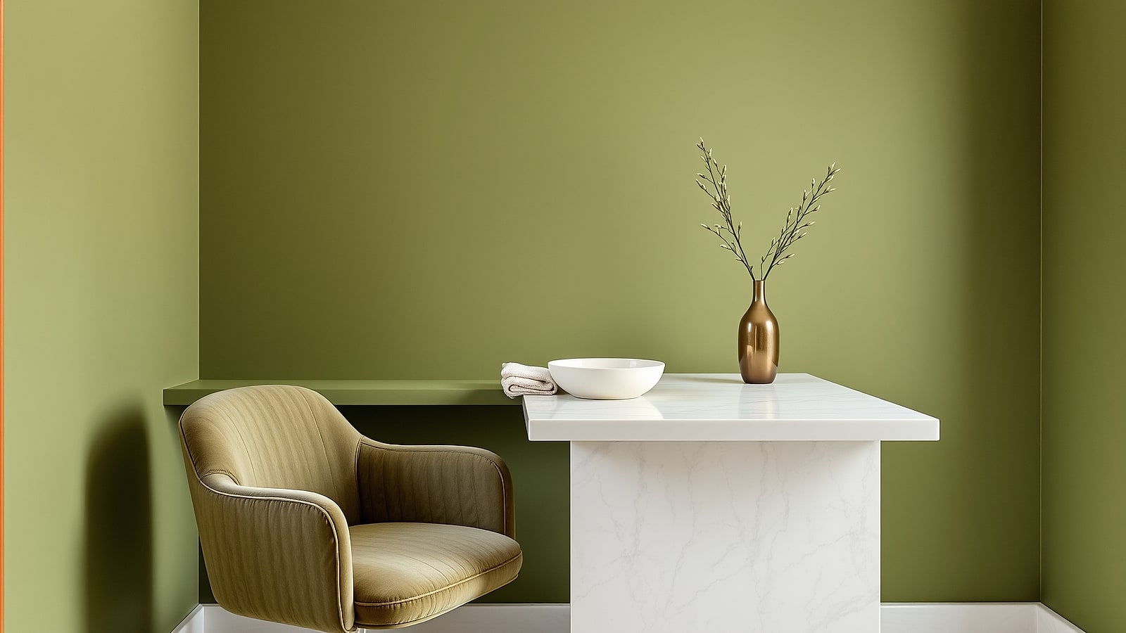 The manicure corner — a limestone counter, an olive velvet chair, a brass vase