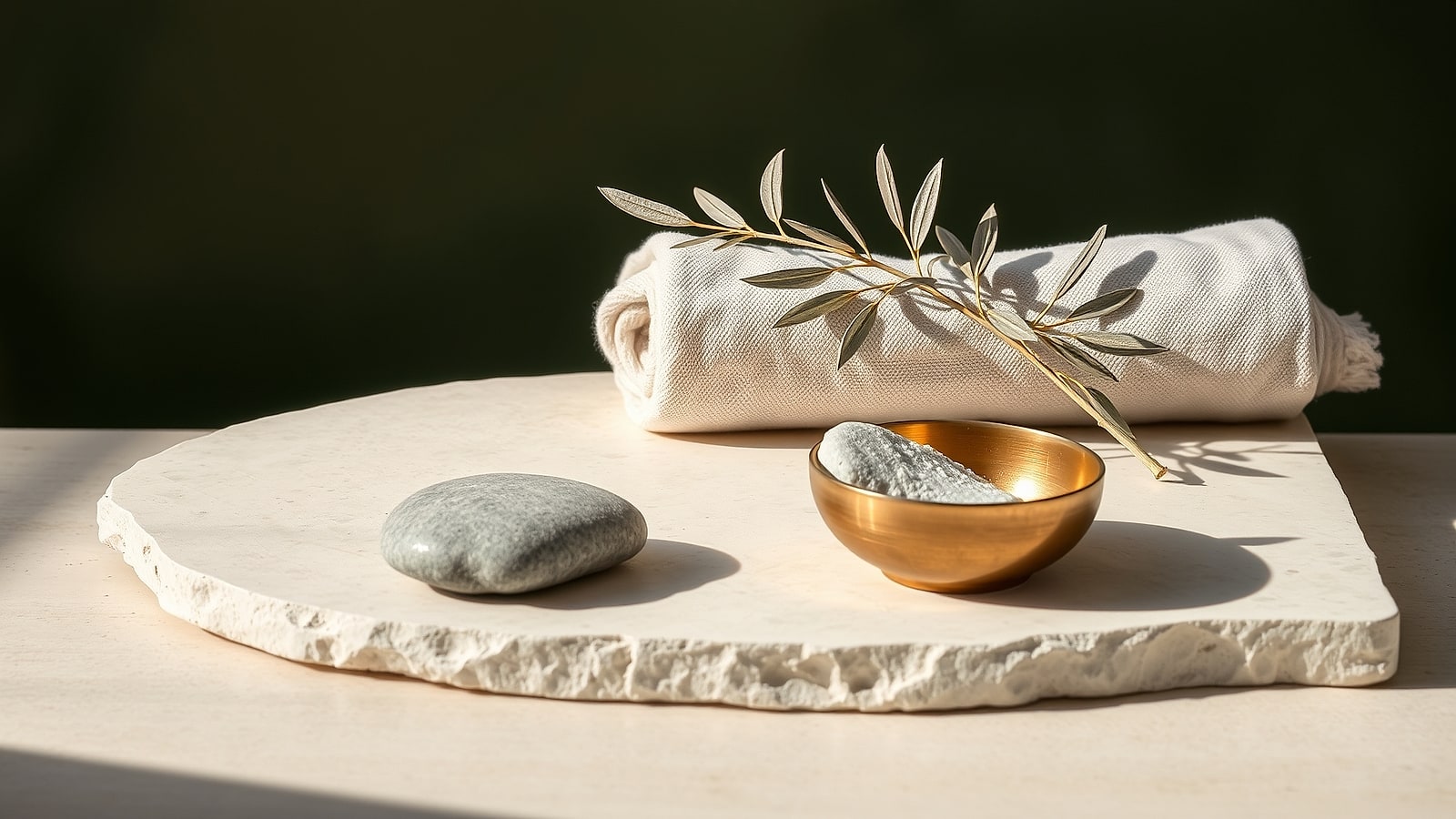A limestone slab with a brass bowl, a warm stone and a sprig of olive