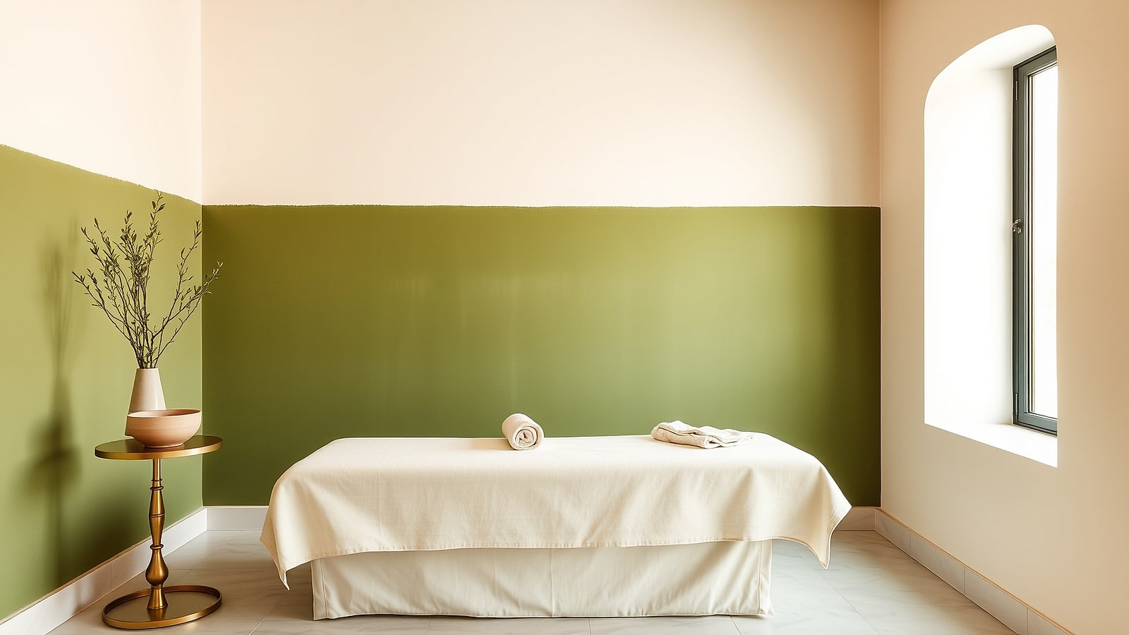 A treatment room — a moss-green wall, a low bed dressed in unbleached linen, a brass side table