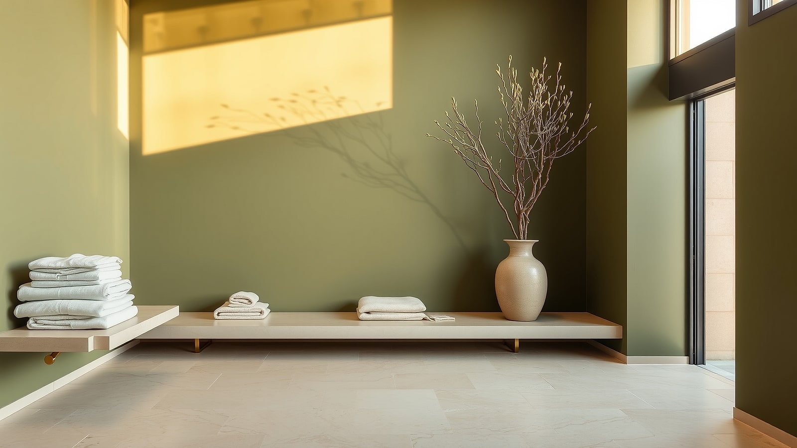 The Laurel House entrance hall — olive limewash walls, a long travertine bench, folded linen and olive branches in a ceramic urn