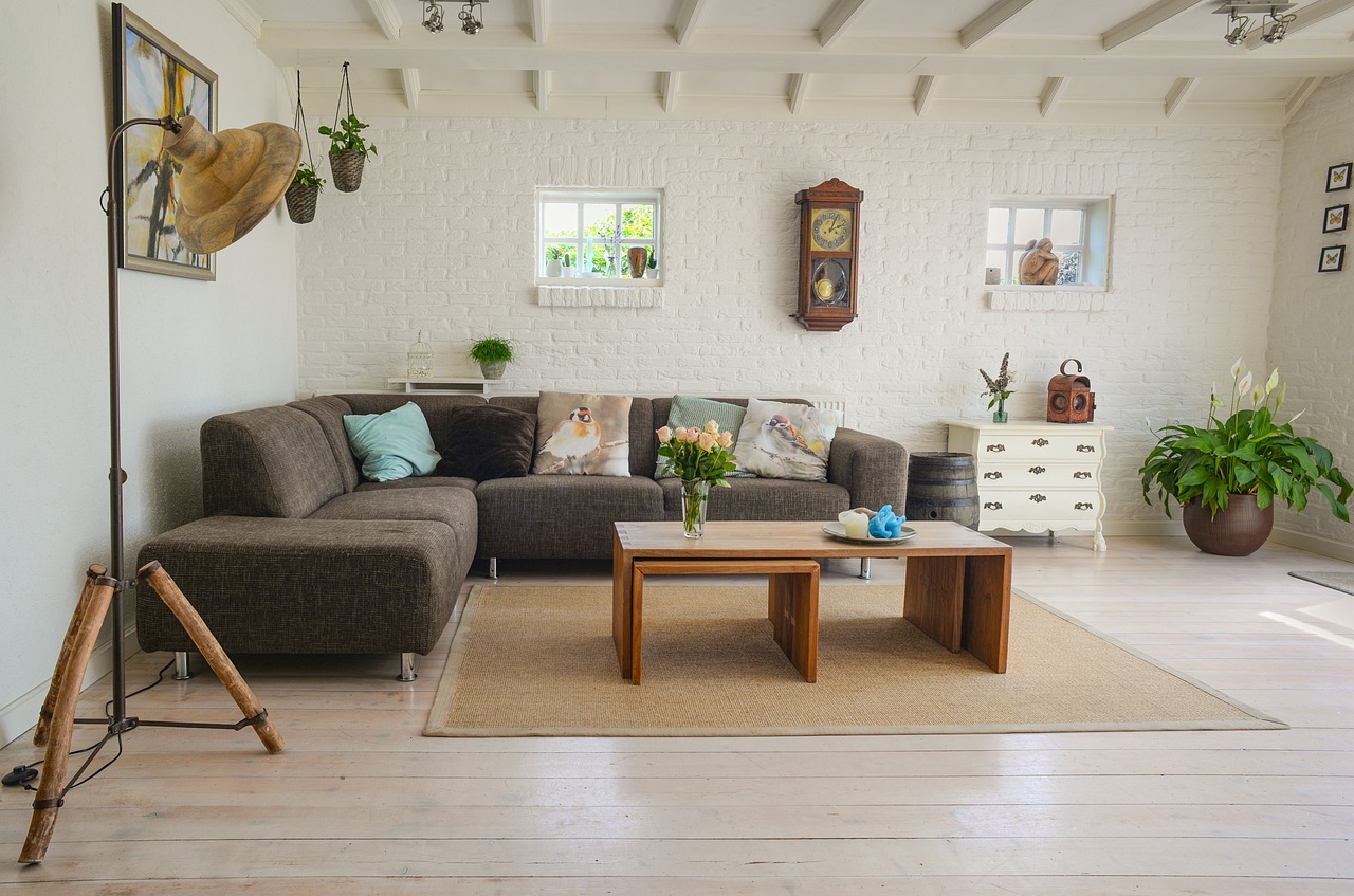 A warm, lived-in sitting room with soft cushions and plants