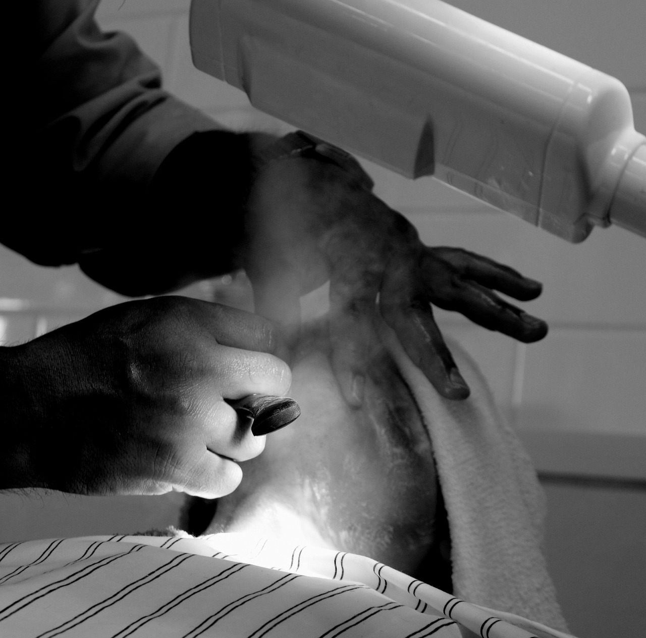 Steam rising off a hot towel under the lamp