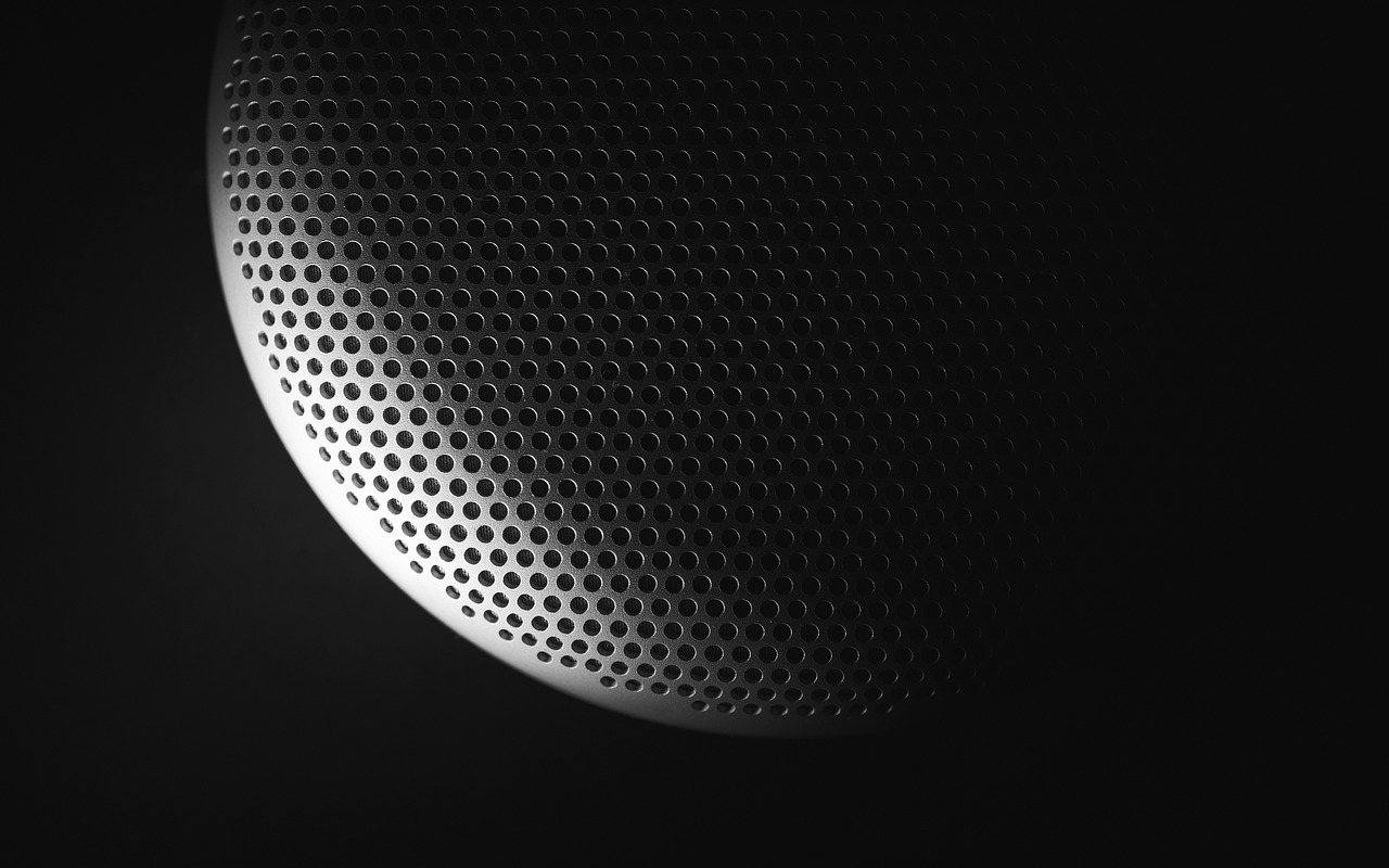 The perforated driver grille emerging from darkness