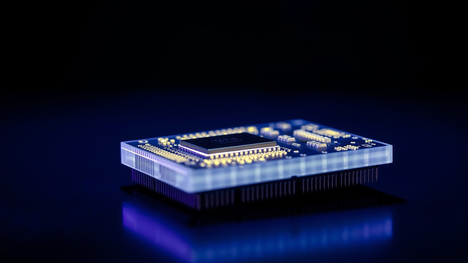 A macro close-up of a glowing violet circuit board