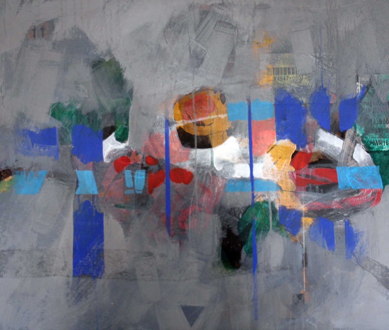 A grey layered abstract painting with passages of blue, red and ochre