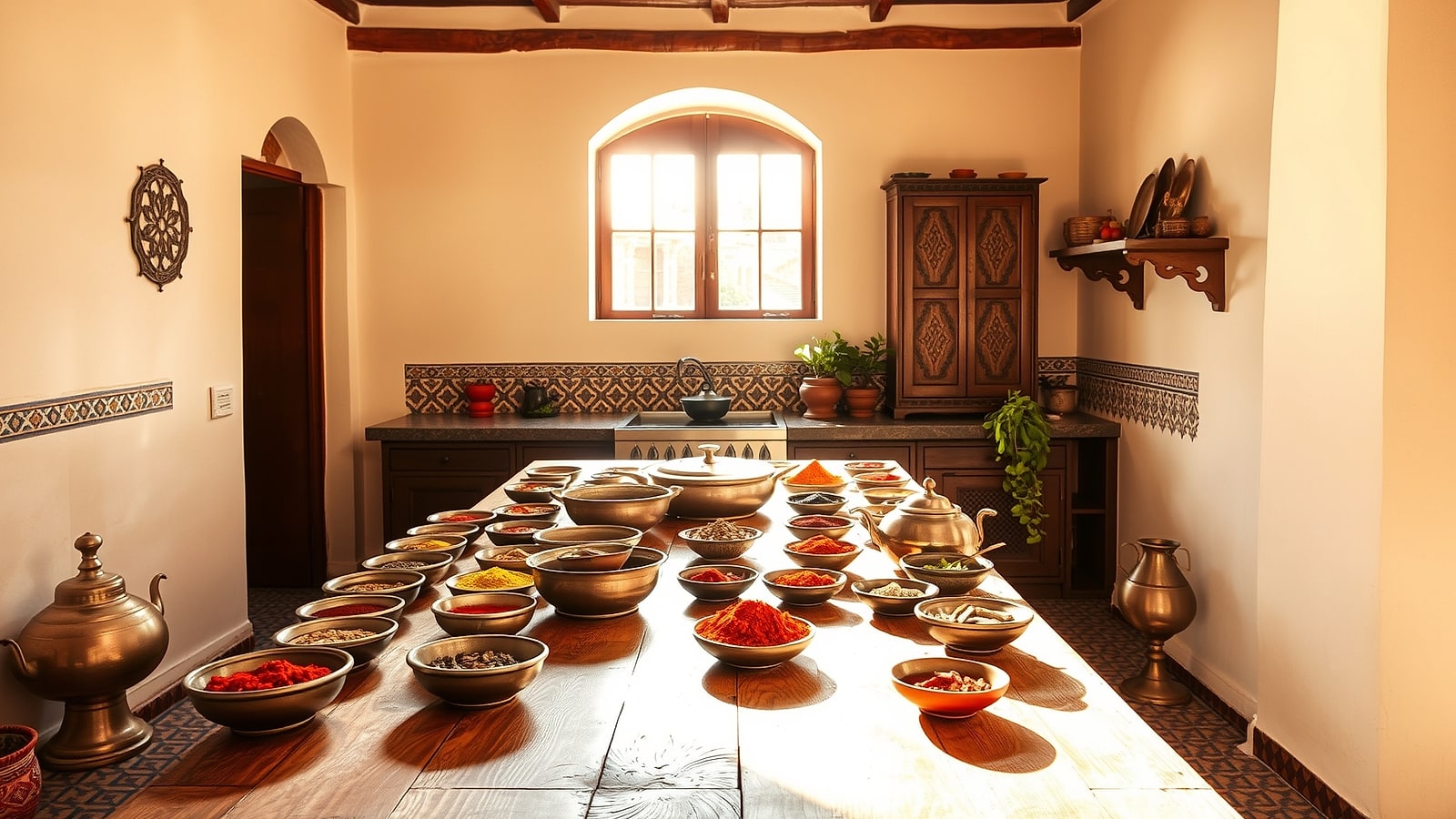 Bowls of coloured spices in a sunlit kitchen