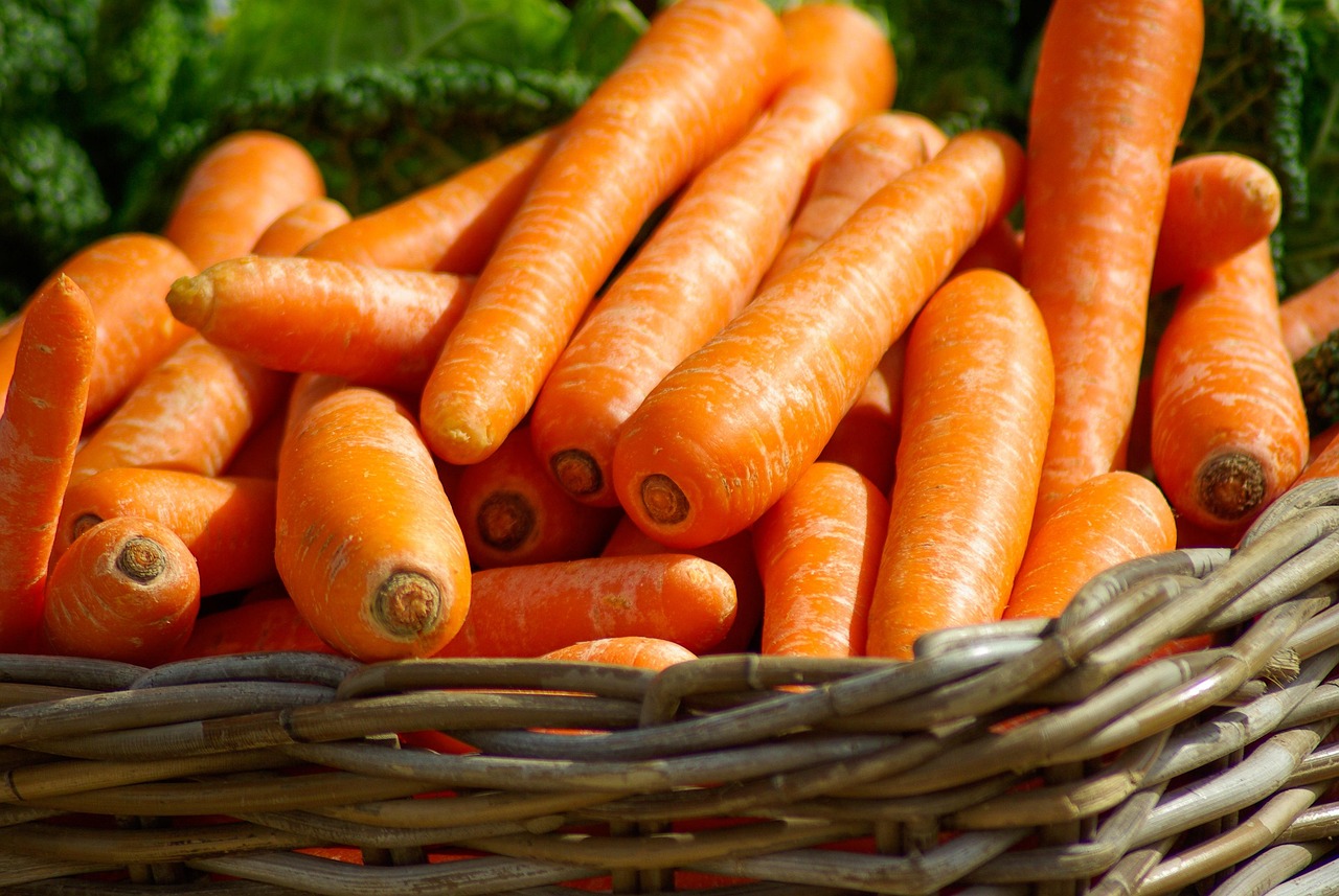 A basket heaped with freshly pulled carrots