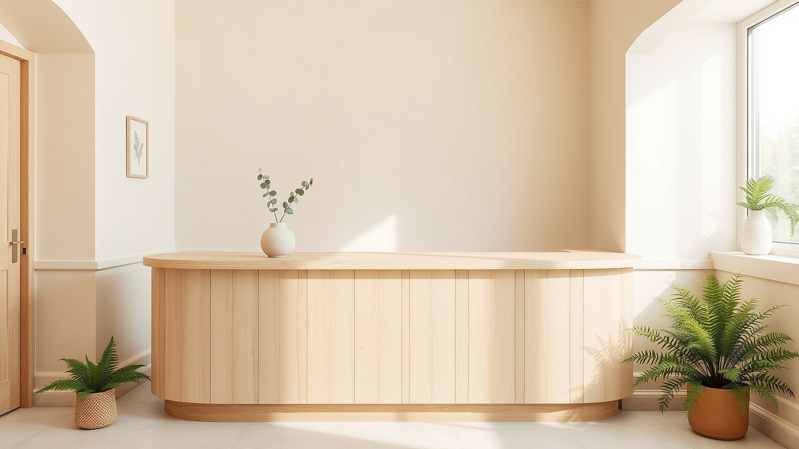 The reception counter with one eucalyptus sprig in a stoneware vase