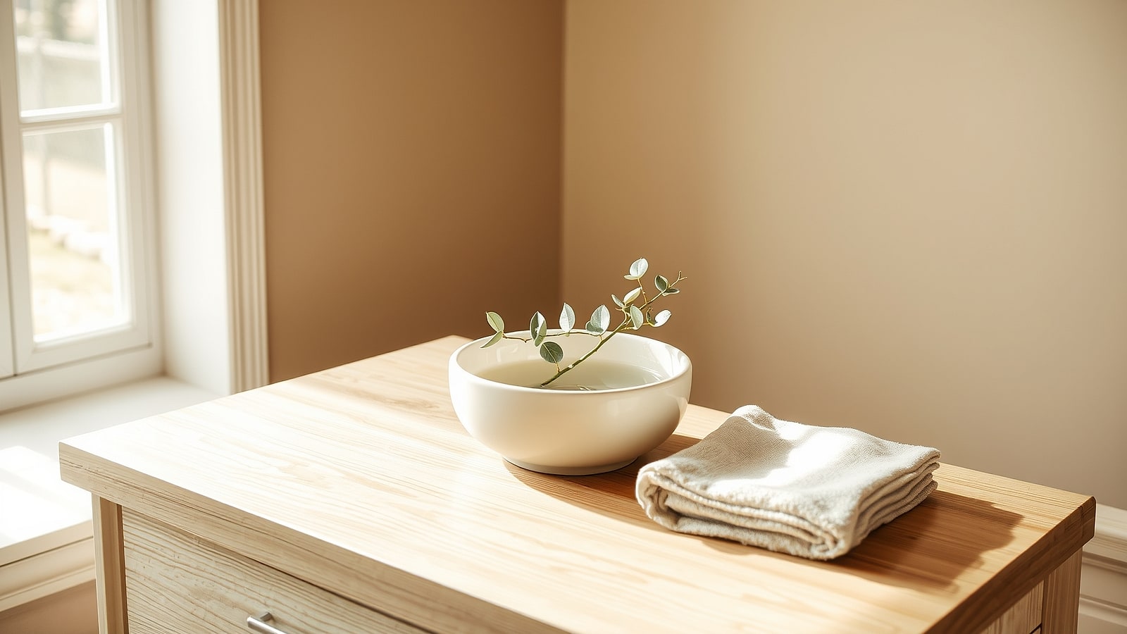 A shallow cream bowl, folded linen and a sprig of eucalyptus on the counter