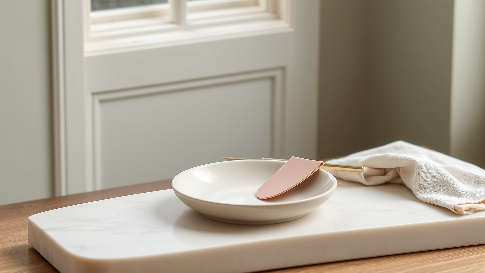 Lacquer swatch chips in nude and dusty rose in a shallow ceramic dish