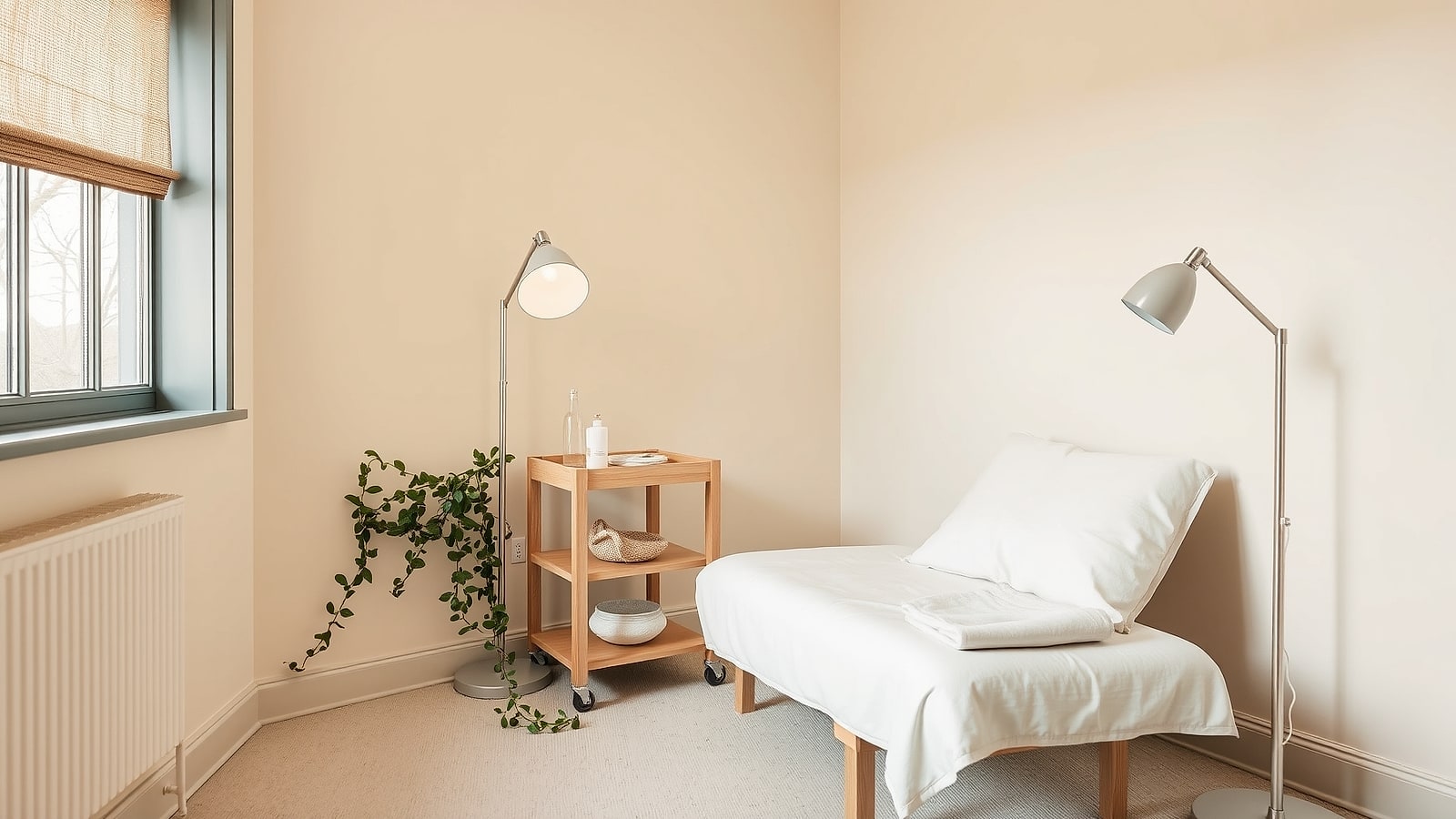 The brow corner: a low reclining bed and a soft round lamp
