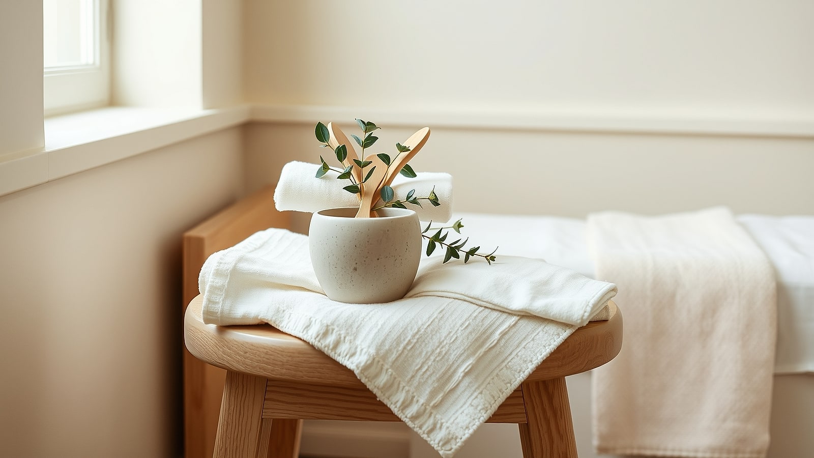 A stack of folded warm towels on a pale oak stool