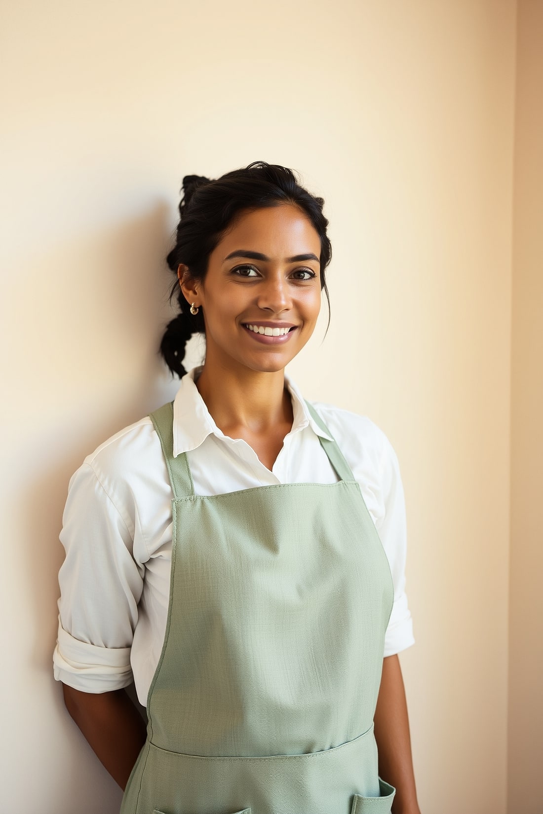 Amara in a sage linen apron against a parchment wall