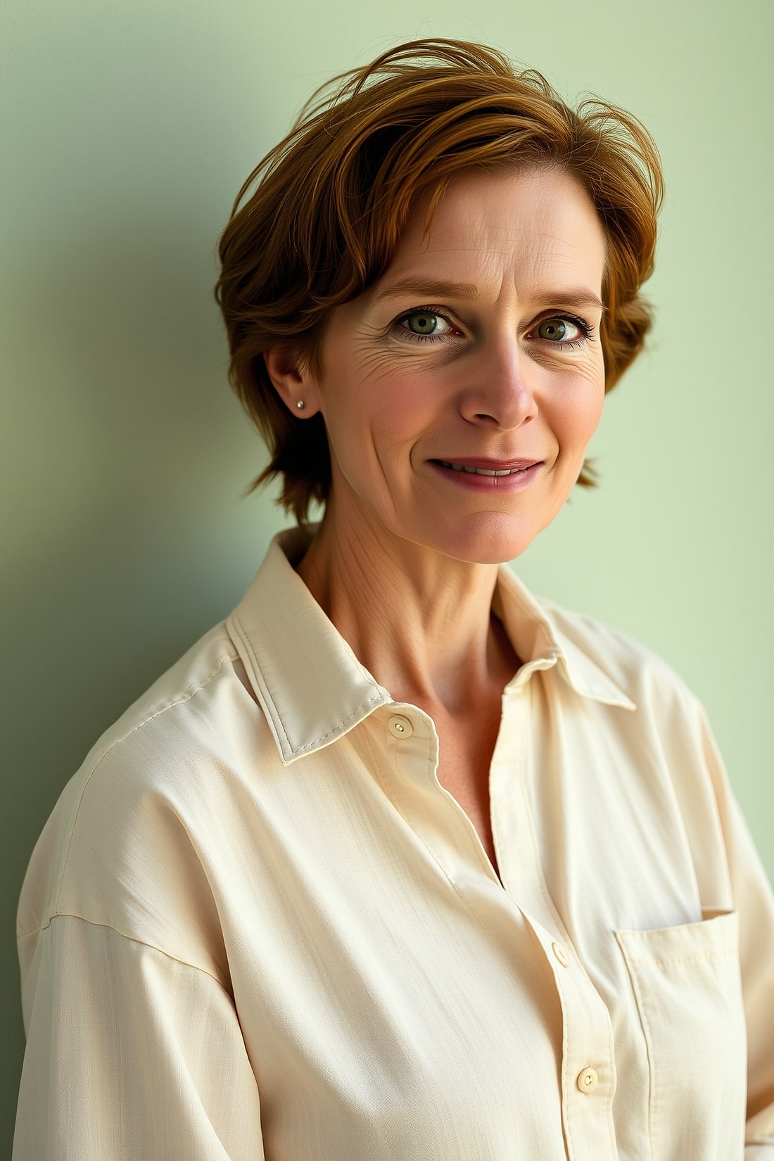 Ruth in a cream linen shirt against a sage wall