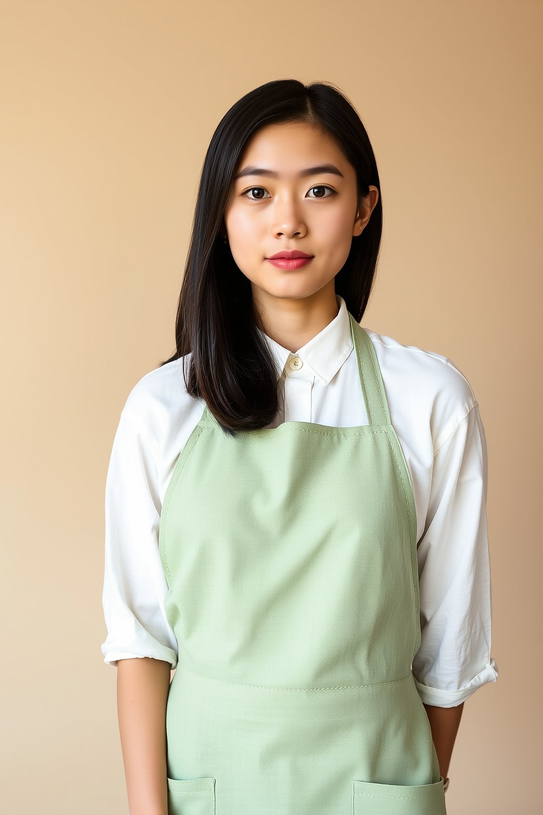 Mei in a sage linen apron against a parchment wall