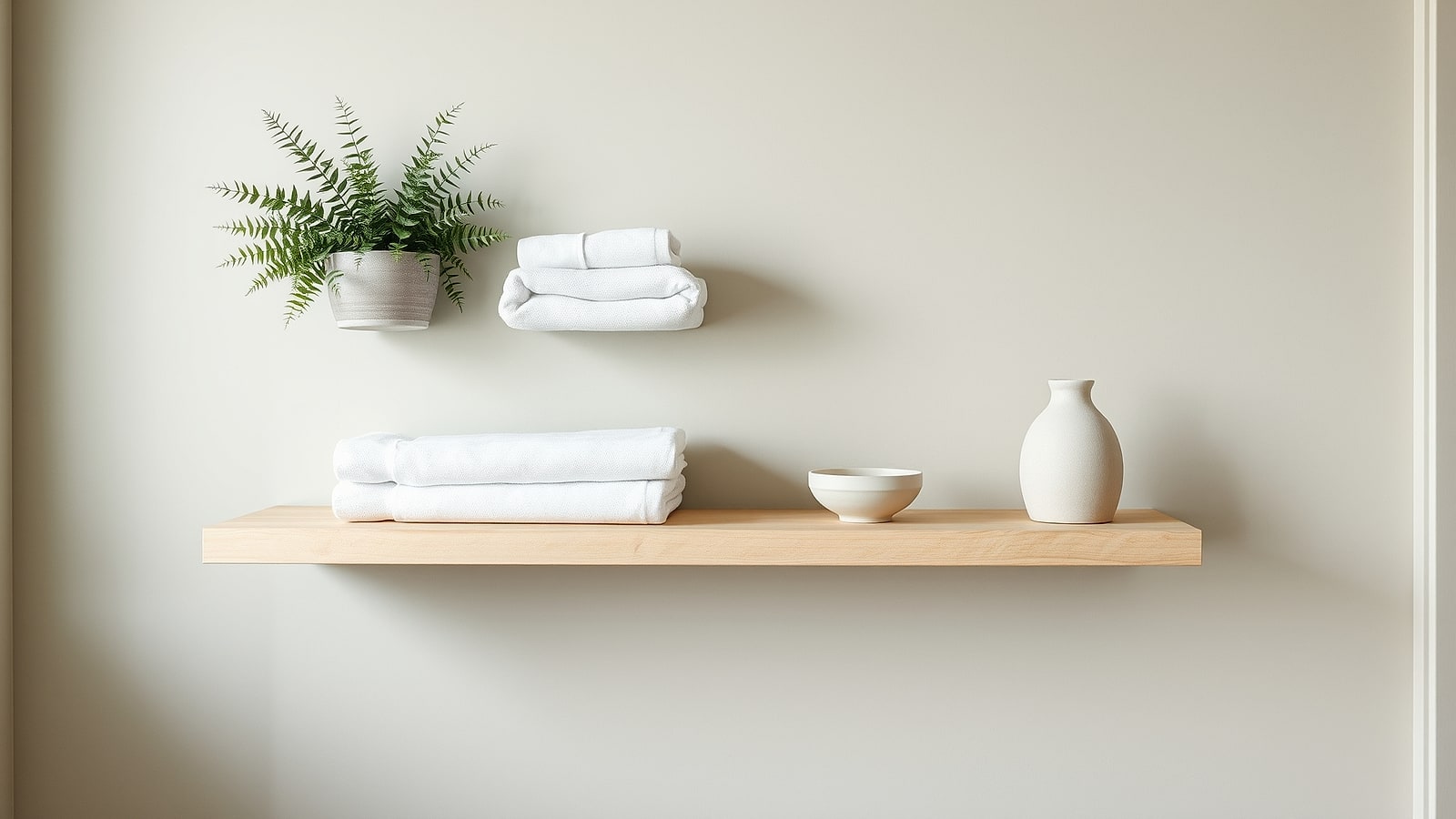 A pale oak shelf with a fern, folded towels and a plain vessel