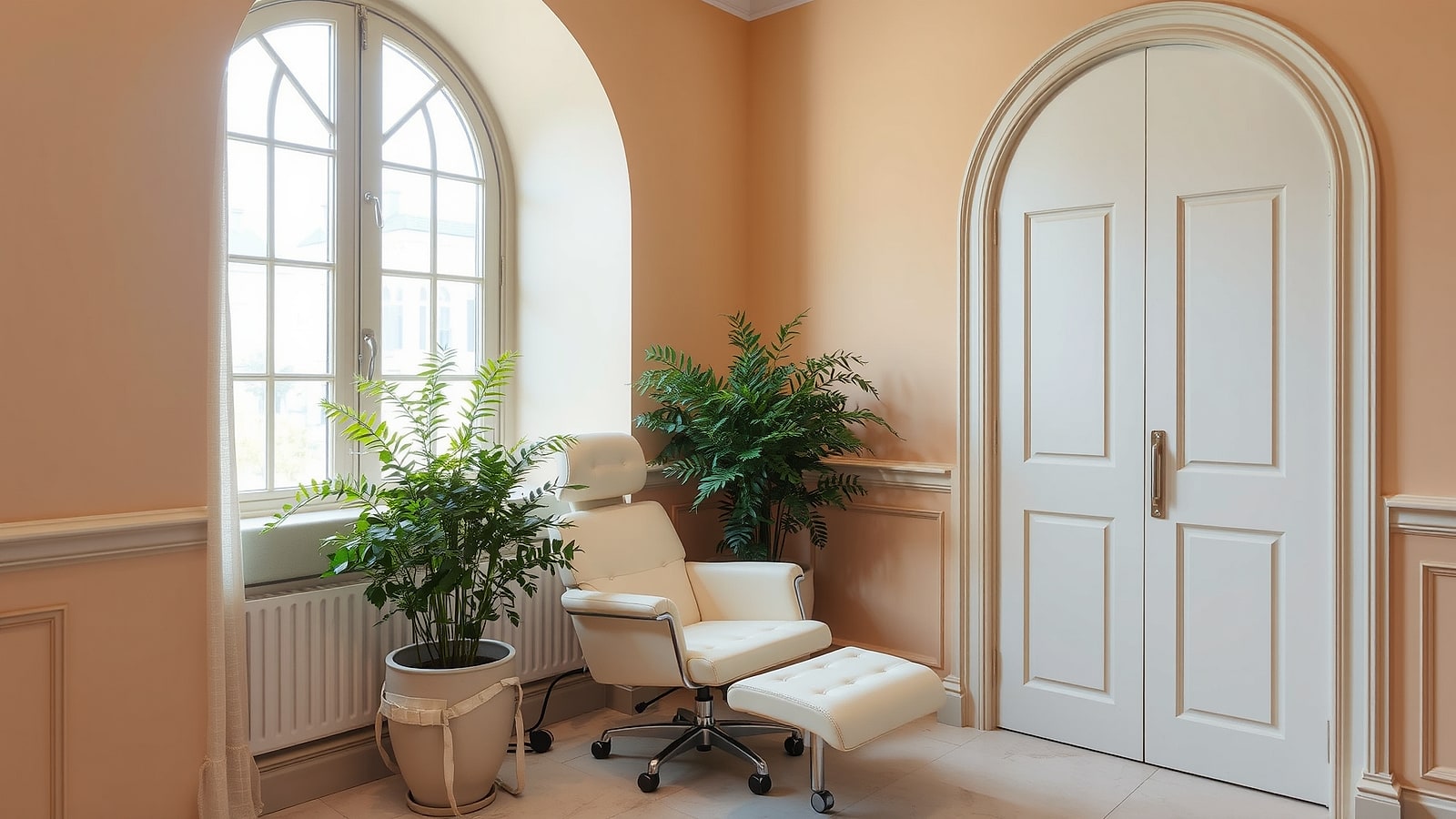 One manicure chair beside the arched window