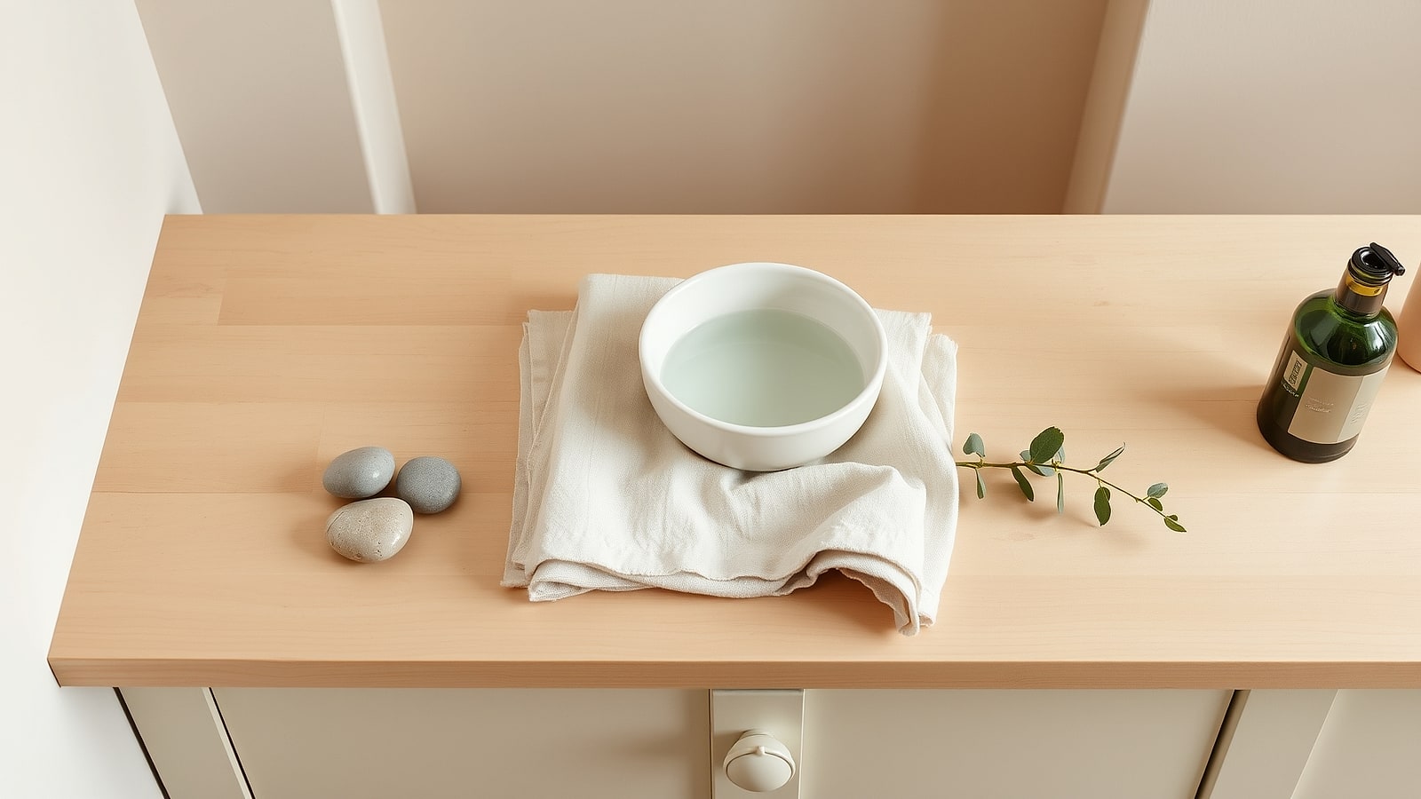 Overhead: a bowl of water, a muslin cloth and river stones